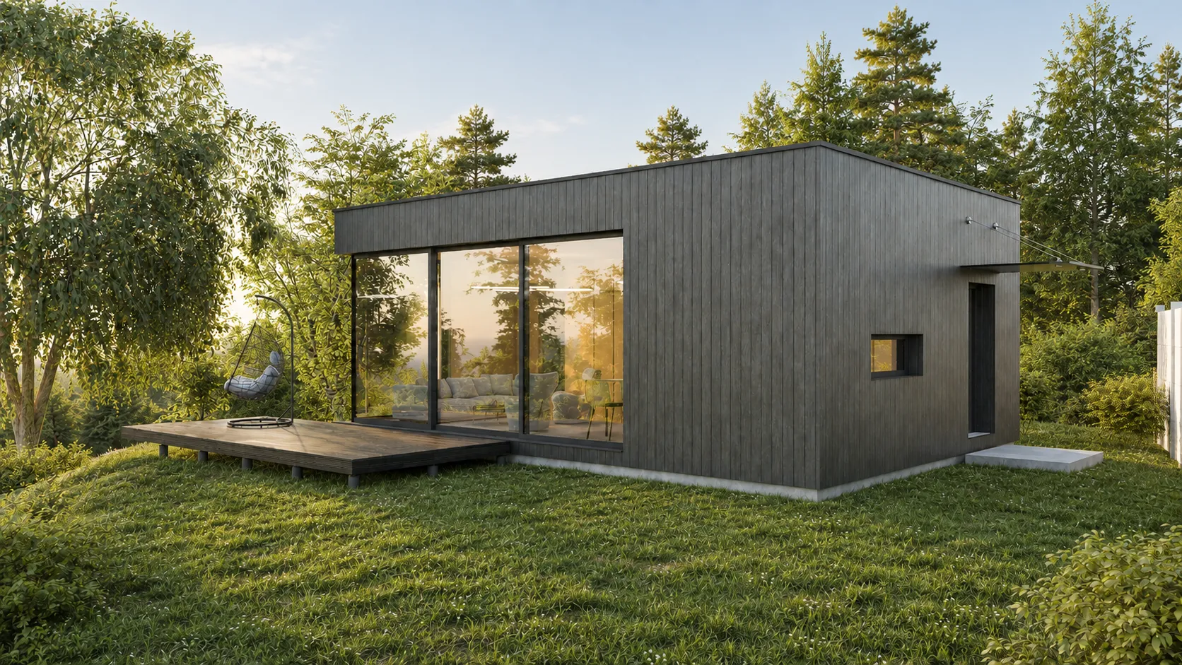 Vizualizácia chatky s presklením a terasou